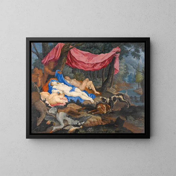Un satiro che guarda le ninfe addormentate - Scuola fiamminga — quadro incorniciato alla parete
