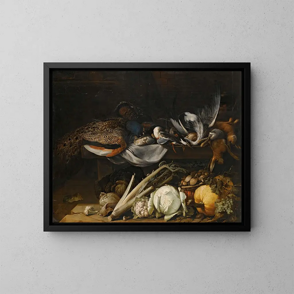 Natura morta con uccelli canori, un pavone e conigli su un davanzale con una zucca, un cavolo, un cavolfiore, sedano, funghi e uva - Scuola fiamminga — quadro incorniciato alla parete