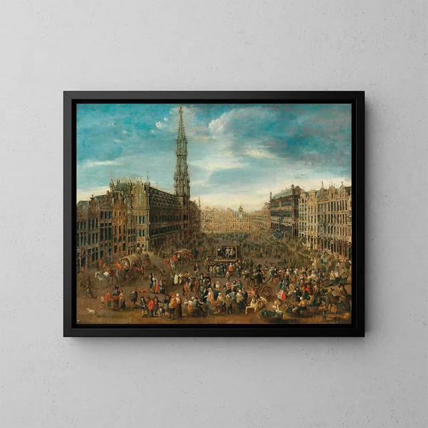 Una scena di mercato sulla Grand-Place a Bruxelles - Scuola fiamminga — quadro incorniciato alla parete
