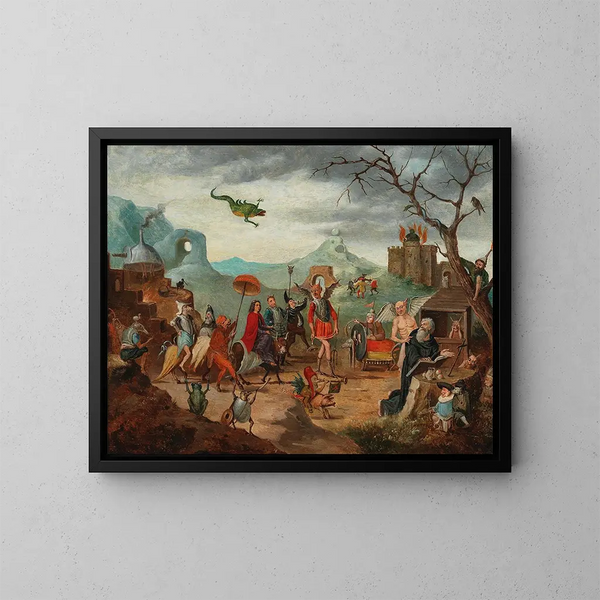 La Tentazione di sant'Antonio - Scuola fiamminga — quadro incorniciato alla parete