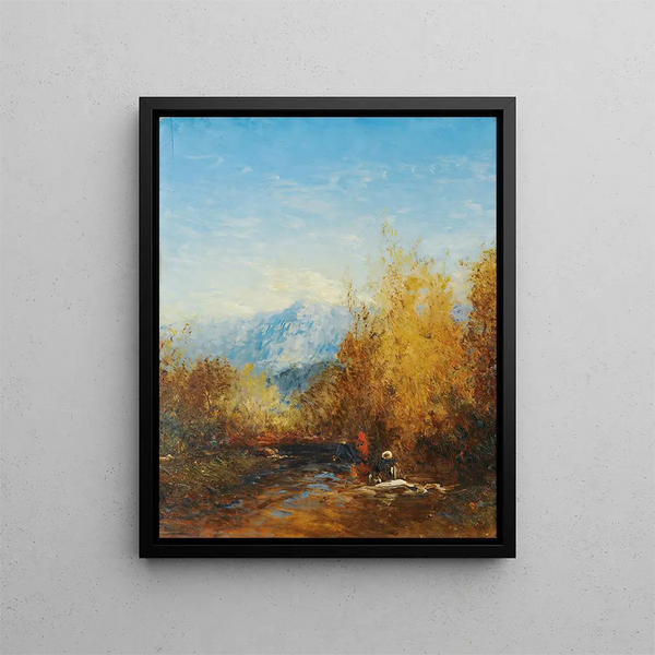Un gruppo di persone in un paesaggio montano - Félix Ziem — quadro incorniciato alla parete