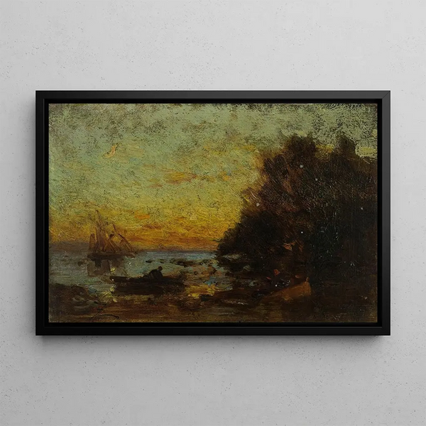 Boot und Segelschiffe bei Sonnenuntergang Auf der Rückseite Marine - Félix Ziem — gerahmtes Bild an der Wand