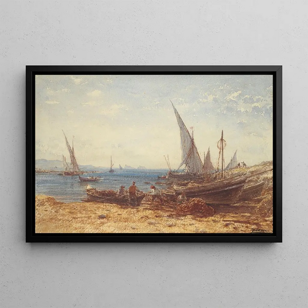 Pescatori e barche sul bordo dell'acqua - Félix Ziem — quadro incorniciato alla parete