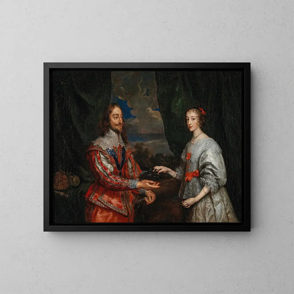 Portrait des Königs Karl I. und Königin Marie Henriette - Schule von Antoine van Dyck — gerahmtes Bild an der Wand
