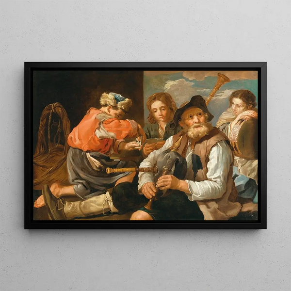 Follower of Eberhard Keil - Young Men Playing Cards And A Bagpipe Player Allegory Of Hearing And Sight.webp