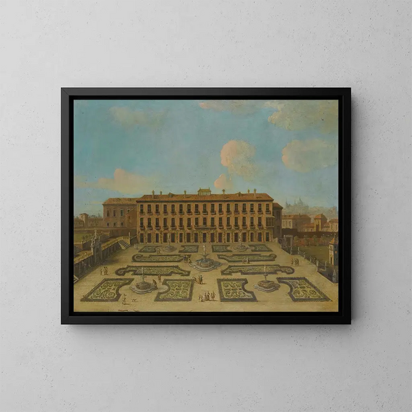 Ansicht eines Palastes, möglicherweise das Palacio Riofrío in Ségovie, mit Figuren, die in den französischen Gärten spazieren - Schule von Francesco Battaglioli — gerahmtes Bild an der Wand
