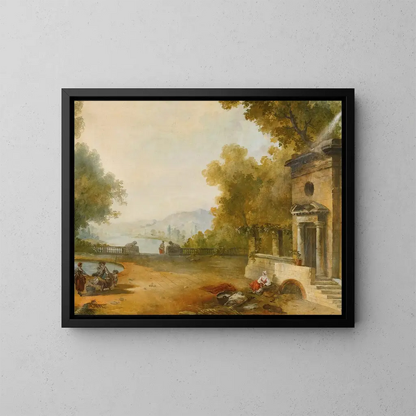 Figuren auf einer Terrasse mit Blick auf einen großen See - Schule von Hubert Robert — gerahmtes Bild an der Wand