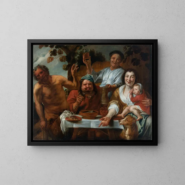 Der Satyr und der Bauer - Schule von Jacob Jordaens — gerahmtes Bild an der Wand