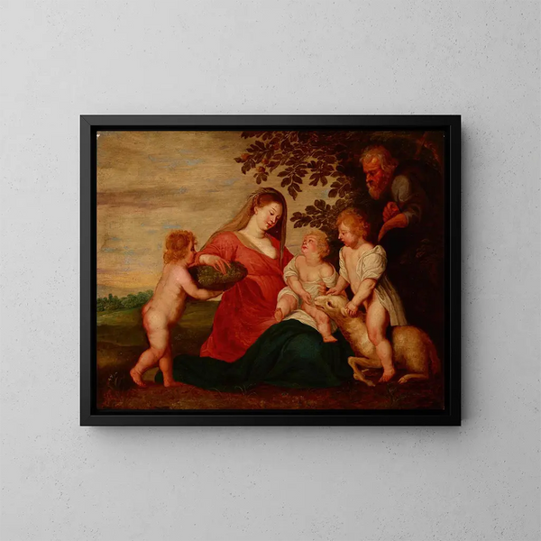 Sacra Famiglia con il Santo Bambino Giovanni Battista e un Angelo - Scuola di Peter Paul Rubens — quadro incorniciato alla parete