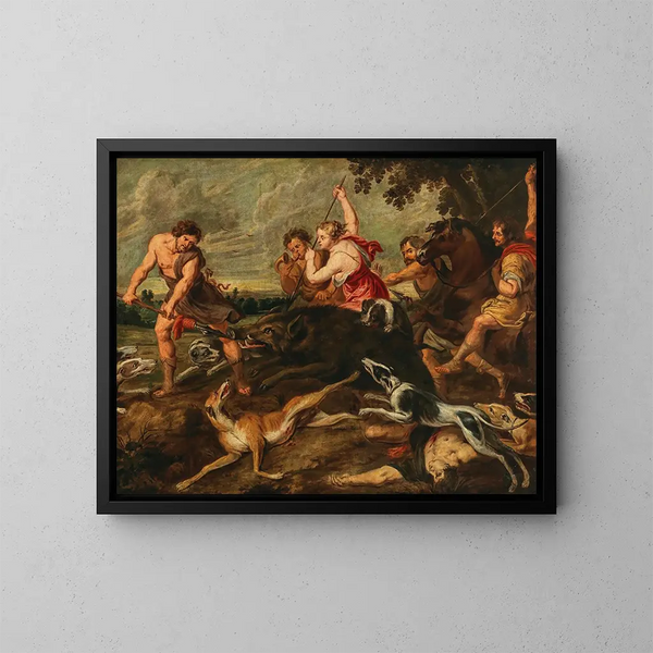 Méléagre e Atalante che cacciano il cinghiale di Calidone - Scuola di Peter Paul Rubens — quadro incorniciato alla parete