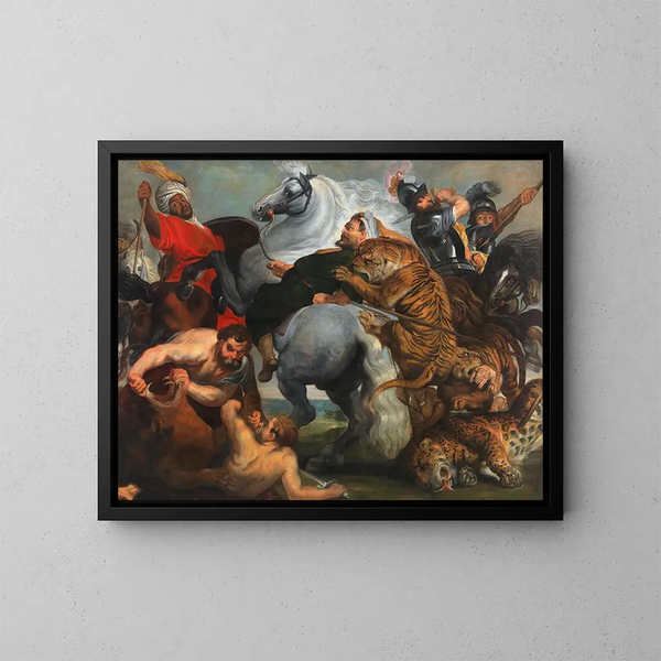 La caccia alla tigre, al leone e al leopardo - Scuola di Peter Paul Rubens — quadro incorniciato alla parete