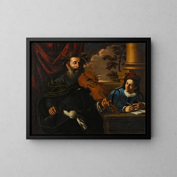 Homer beim Violinespielen in Gesellschaft eines Schülers - Schule von Pier Francesco Mola — gerahmtes Bild an der Wand