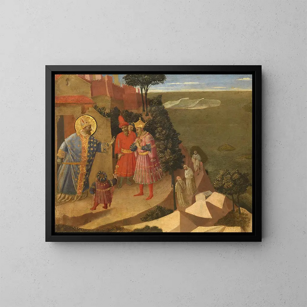 Saint Romuald verweigert Kaiser Otto III. den Zutritt zur Kirche - Fra Angelico — gerahmtes Bild an der Wand