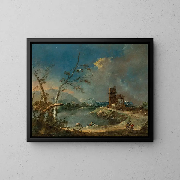 Un capriccio di una torre rustica al bordo di un lago - Francesco Guardi — quadro incorniciato alla parete