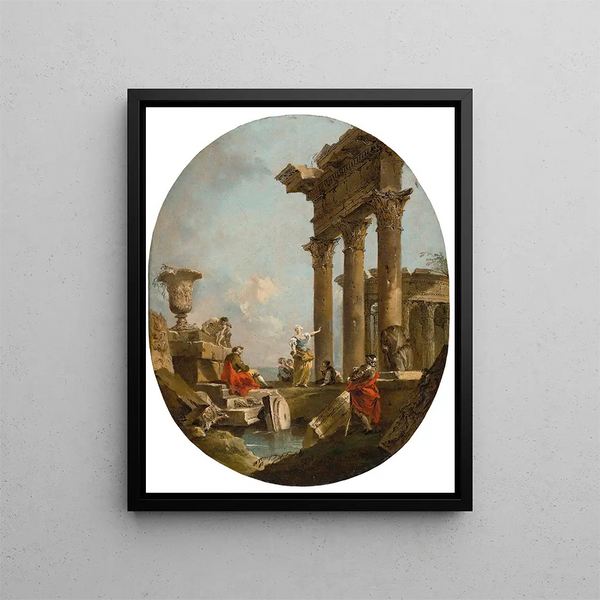 Francesco Guardi - An Architectural Capriccio With Figures Amongst Classical Ruins A Temple Beyond.webp