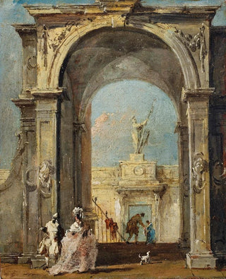 Francesco Guardi - An architectural capriccio with elegantly dressed figures and a dog at the entrance to a palace.webp