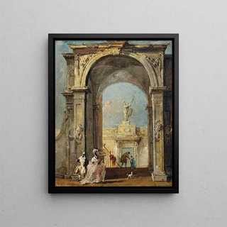 Francesco Guardi - An architectural capriccio with elegantly dressed figures and a dog at the entrance to a palace.webp