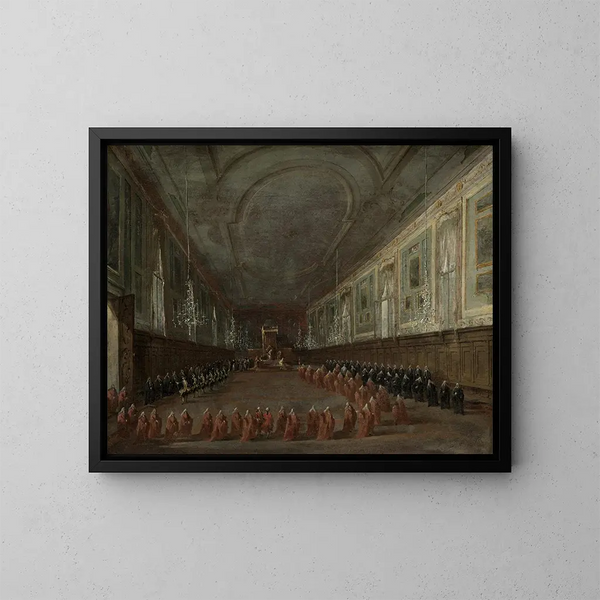 Il papa Pio VI discendente dal trono per fare i suoi addii al doge nella sala dei SS Giovanni e Paolo 1782 - Francesco Guardi — quadro incorniciato alla parete