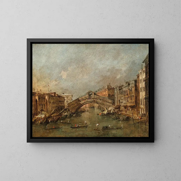 Il ponte del Rialto e la Riva del Vin a Venezia - Francesco Guardi — quadro incorniciato alla parete