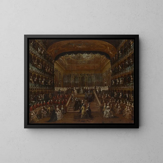 L'intérieur du Teatro San Benedetto à Venise lors du bal de 1782 en l'honneur des Conti del Nord - Francesco Guardi — gerahmtes Bild an der Wand