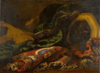 Francesco Noletti - Still life with carpets a painting of a putto and a violin.webp