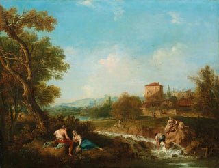 Francesco Zuccarelli - An Arcadian landscape with figures near a stream a village beyond.webp