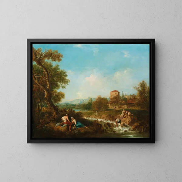Ein arkadischer Landschaft mit Figuren in der Nähe eines Bachs und einem Dorf im Hintergrund - Francesco Zuccarelli — gerahmtes Bild an der Wand