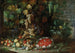 Ein umgestürzter Korb mit Früchten, Blumen und Gemüse mit einer Girlande voller Erdbeeren in einem Villengarten - Francesco della Questa — Ansicht des Kunstwerks