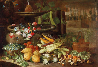 Francesco della Questa - Flowers fruit and vegetables with mushrooms beside a fountain in a villa garden.webp