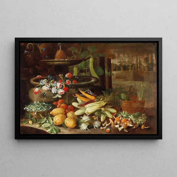 Francesco della Questa - Flowers fruit and vegetables with mushrooms beside a fountain in a villa garden.webp