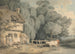 Scena di campagna con personaggi vicino a una porta di cottage e bestiame in un ruscello - Francis Wheatley — vista dell’opera