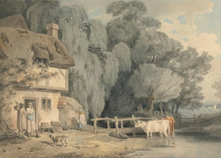 Francis Wheatley - Country Scene Figures by a Cottage Door and Cattle in a Stream.webp