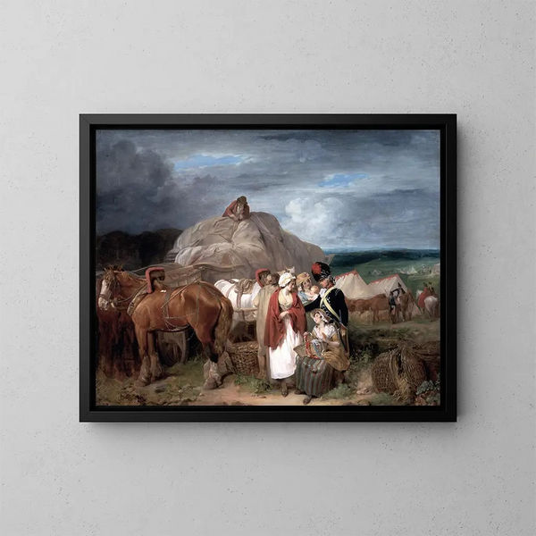 Soldato con donne di campagna che vendono nastri vicino a un accampamento militare - Francis Wheatley — quadro incorniciato alla parete