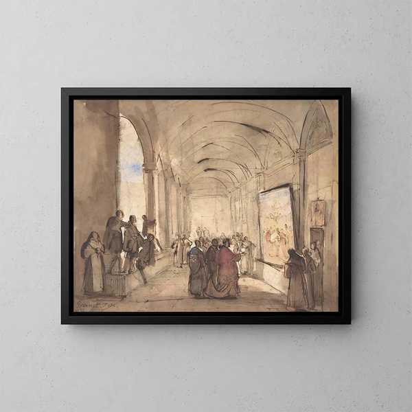 Un cardinale che esamina un dipinto in un chiostro - François-Marius Granet — quadro incorniciato alla parete