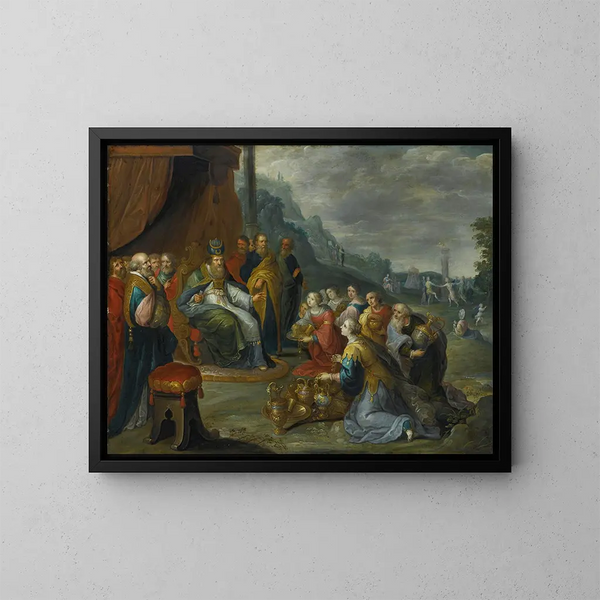 Aaron empfängt Gold von den Israeliten - Frans Francken der Jüngere — gerahmtes Bild an der Wand