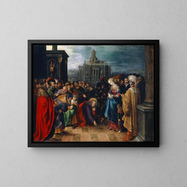 Der Christus und die Ehebrecherin - Frans Francken der Jüngere — gerahmtes Bild an der Wand