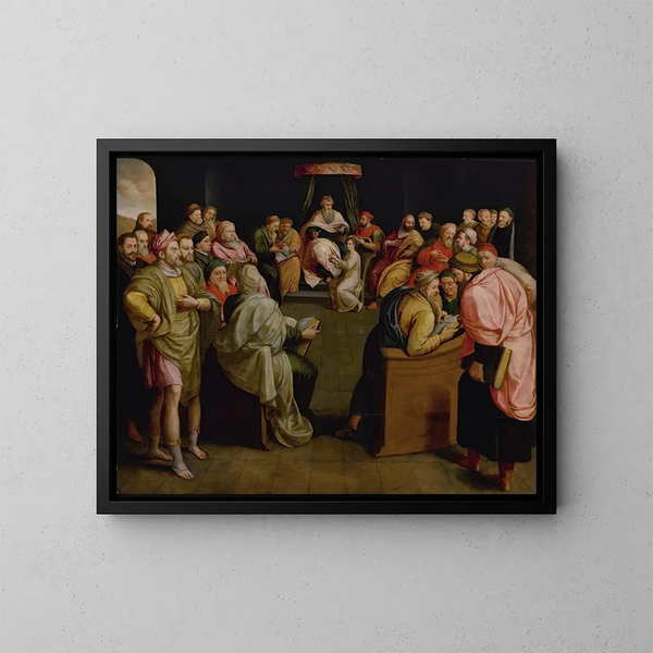 Der Christus unter den Schriftgelehrten - Frans Pourbus der Ältere — gerahmtes Bild an der Wand