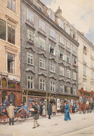 Franz Poledne - Kohlmarkt in Vienna and the Kunsthandlung Artaria carriages a post man and shopping strollers.webp