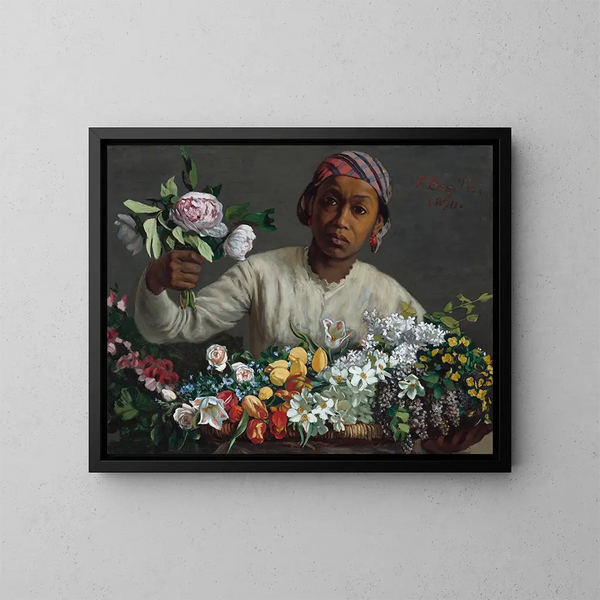 Junge Frau mit Pfingstrosen - Frédéric Bazille — gerahmtes Bild an der Wand