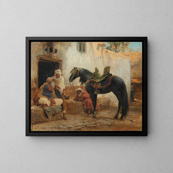 Der Barbier von Biskra - Frederick Arthur Bridgman — gerahmtes Bild an der Wand