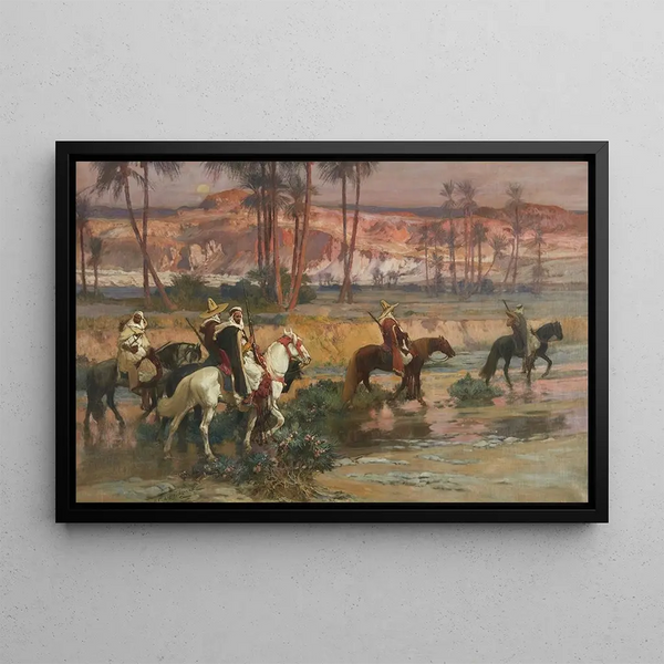 Gemälde, das den Bach überquert, Algerien - Frederick Arthur Bridgman — gerahmtes Bild an der Wand