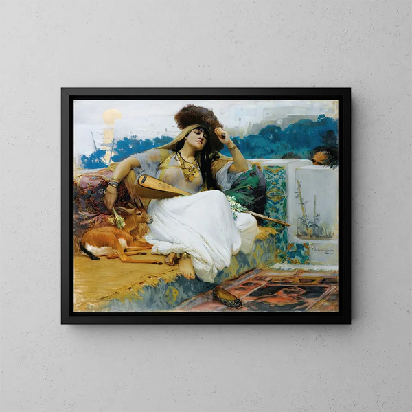 Junge Frau auf einer Terrasse - Frederick Arthur Bridgman — gerahmtes Bild an der Wand