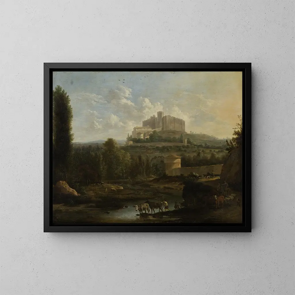 Landschaft mit der Burg Francheville - Frederik de Moucheron — gerahmtes Bild an der Wand
