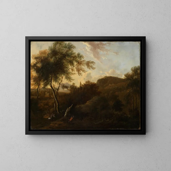 Landschaft im Süden mit einem Jäger bei der Hirschjagd - Frederik de Moucheron — gerahmtes Bild an der Wand