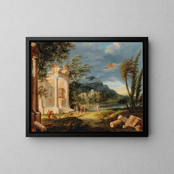 Paesaggio temporalesco con figure e Hermès - Scuola francese — quadro incorniciato alla parete