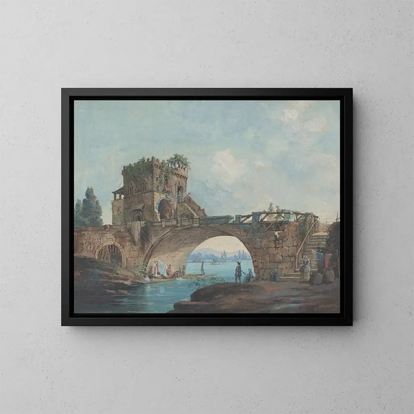 Il ponte Salario con le lavandaie - Scuola Francese — quadro incorniciato alla parete