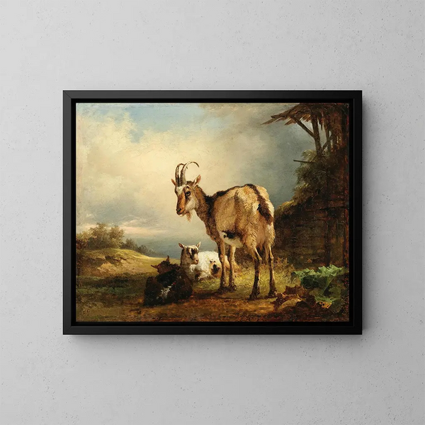 Una capra con due capretti - Friedrich August Matthias Gauermann — quadro incorniciato alla parete