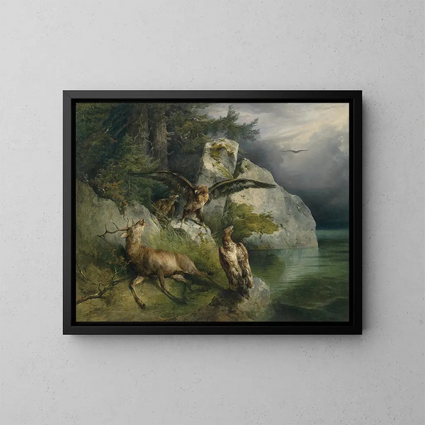 Aigle et cerf mourant - Friedrich August Matthias Gauermann — quadro incorniciato alla parete