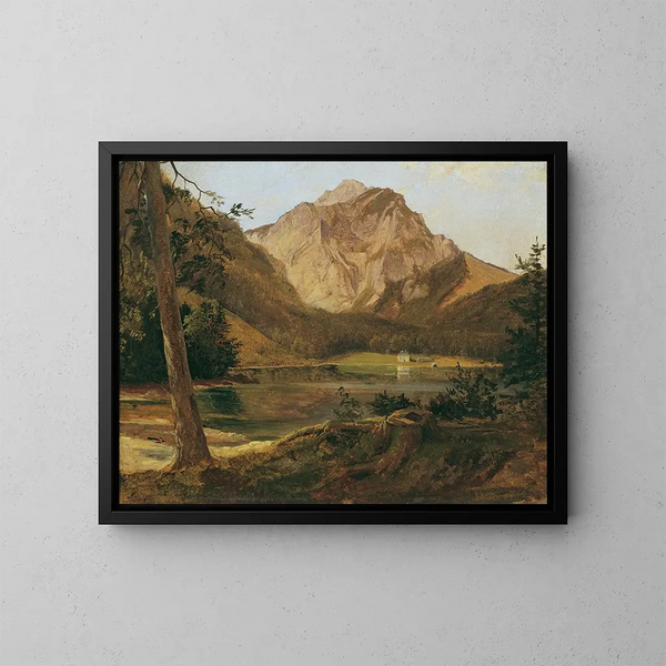 Il lago Langbathsee anteriore con il massiccio del Höllengebirge - Friedrich August Matthias Gauermann — quadro incorniciato alla parete