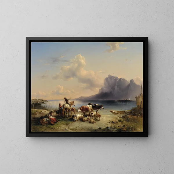 Pastori e bestiame sul lago Attersee - Friedrich August Matthias Gauermann — quadro incorniciato alla parete